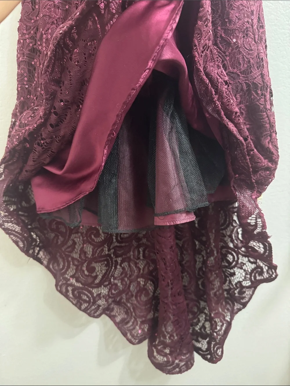 Rare Editions- Girls Lace Sequined High-Low Dress with Jeweled Waist in Burgundy